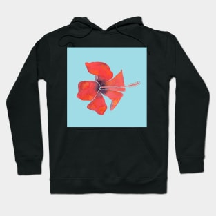 Red Hibiscus Tropical Watercolor Illustration with a blue background Hoodie